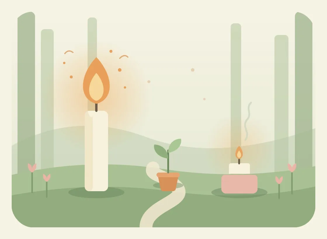 Left: a tall candle with a big, flaring flame and sparks, which stands for stress. Right: a low candle stub with a tiny flame and a wisp of smoke, which stands for burnout (running on empty).