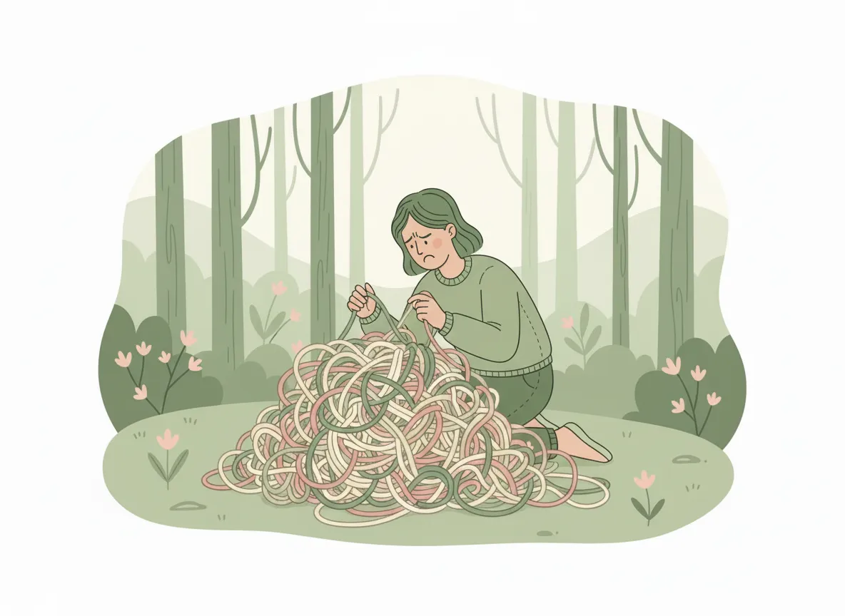 CBT for perfectionism image, trying to untangle a big ball of wool.