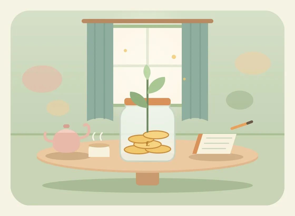A glass jar of coins with a £ on one has a seedling growing out of it, which stands for therapy as an investment in growth.